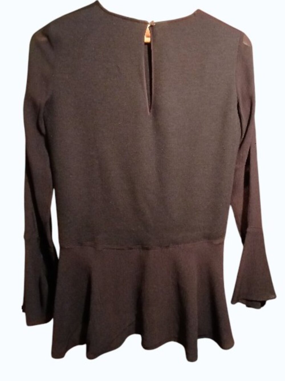 THEORY Black Long Sleeve Wool Peplum Sheer Sleeve/Hem Blouse - EUC - Picture 4 of 11